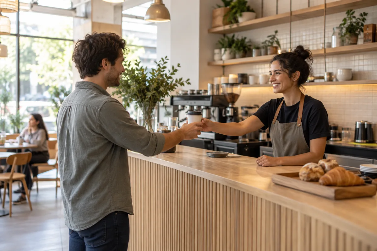 An inviting neighbourhood café in daylight, illustrative photography
